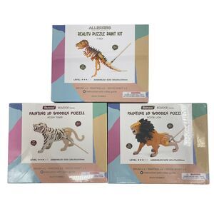 3 x Allessimo 3D Wooden Puzzle & Paint Kits for Kids T-Rex Dinosaur Lion Tiger